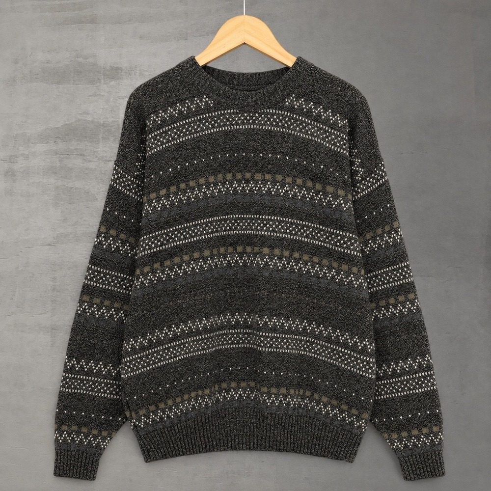 Vintage Jantzen Classics Retro 90s Sweater Grey Fair Isle Geometric Knit XL